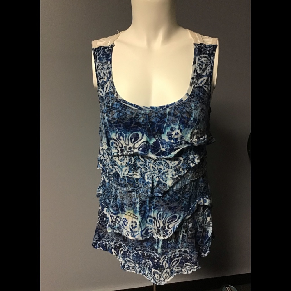 AGB Small Blue Ruffle Tank Top With White Lace